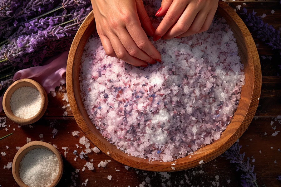 A woman making lavender bath salt by hand with lavender elements next to it
